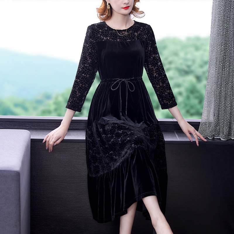 Autumn Winter Black Velvet Thick Warm Midi Dress Women Hook Flower Hollow Elegant Bodycon Dress 2022 Korean Vintage Casual Dress alx