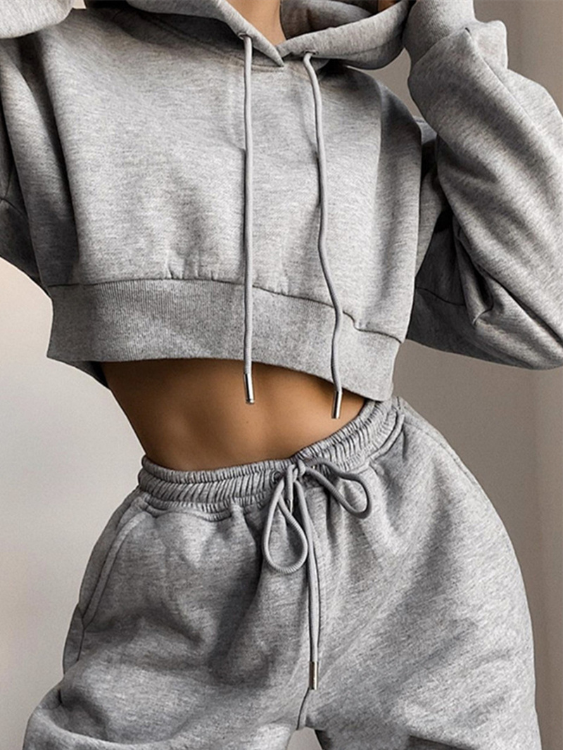 Tracksuit Women Two Piece Set Autumn Clothes Solid Hooded Fleece Sweatshirt Crop Top and Pants Sets Casual 2 Pieces Suit Outfits alx