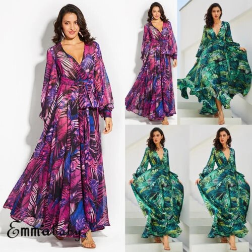 Women New Floral Printed Long Maxi Dress Summer Beach Plus Size Holiday Green Dresses long sleeve dress plus size dress alx