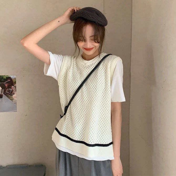 Sweater Vests Women Hollow Out Design Sleeveless Spring Students Solid Leisure Korean Basic O-neck Breathable Chic Outerwear Ins alx