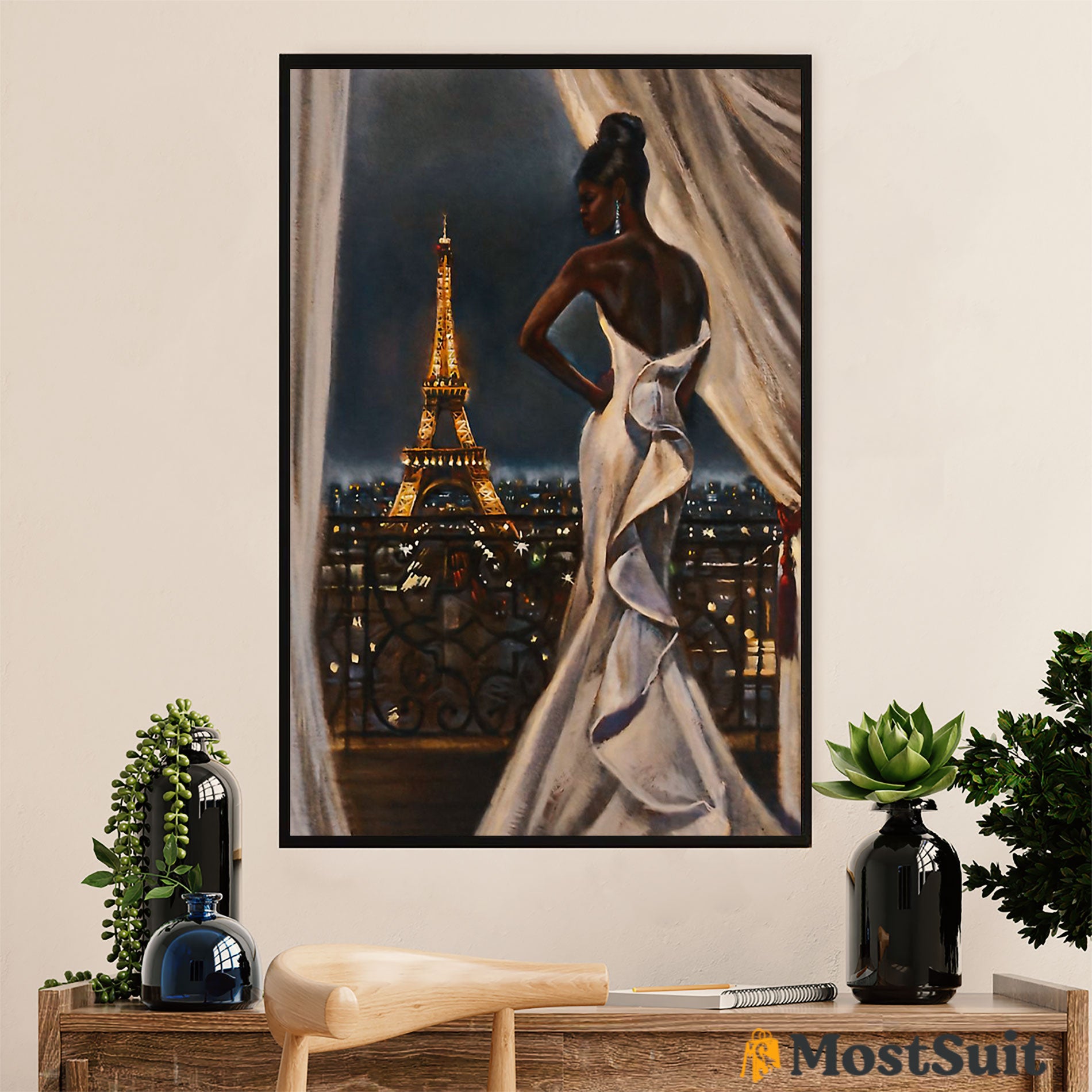 African American Afro Poster | Gift For Black Girl | Juneteenth Day Room Wall Art – Black Woman Watching Eiffel