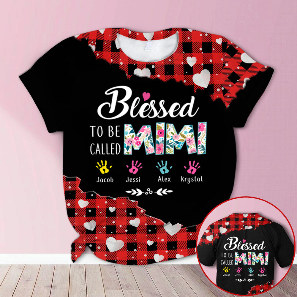 Personalized Blessed To Be Called Mimi Handprints Cute Red Plaid All Over Print Shirts, 3D Shirts For Grandma Hn98 Do99