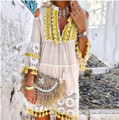 Summer Tassel Boho Dress Women 2022 V Neck Seven Sleeve Loose Fit Beach Wear Femme Holiday Bohemian Chic Short Dresses alx