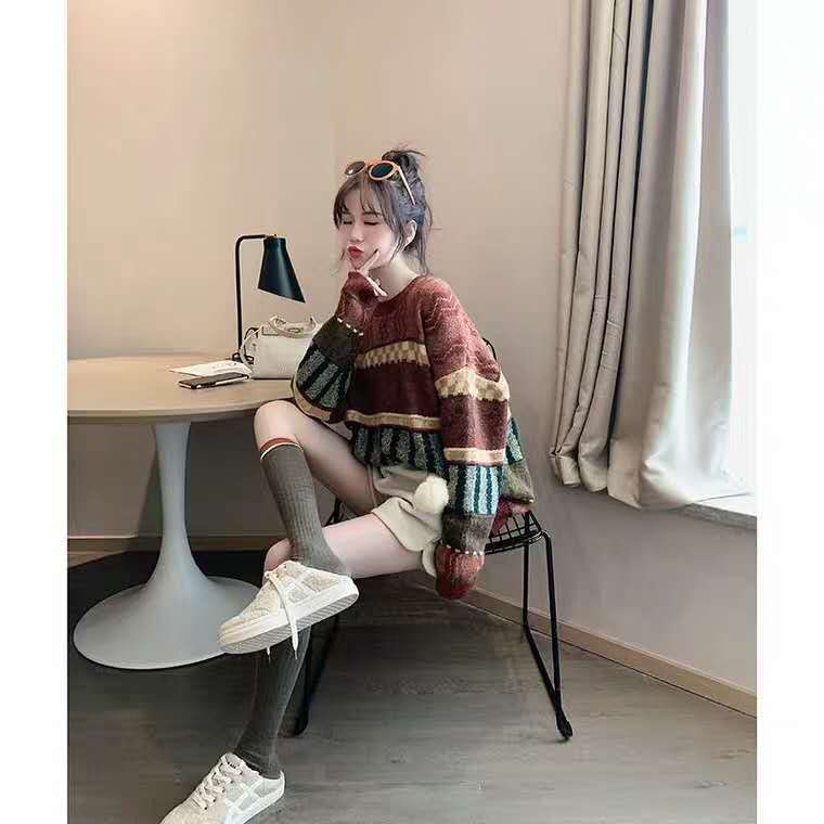 women sweater Autumn Winter Vintage Sweet O-Neck Full Pullovers Geometric Keep Warm Y2k Sweaters For Women Loose alx