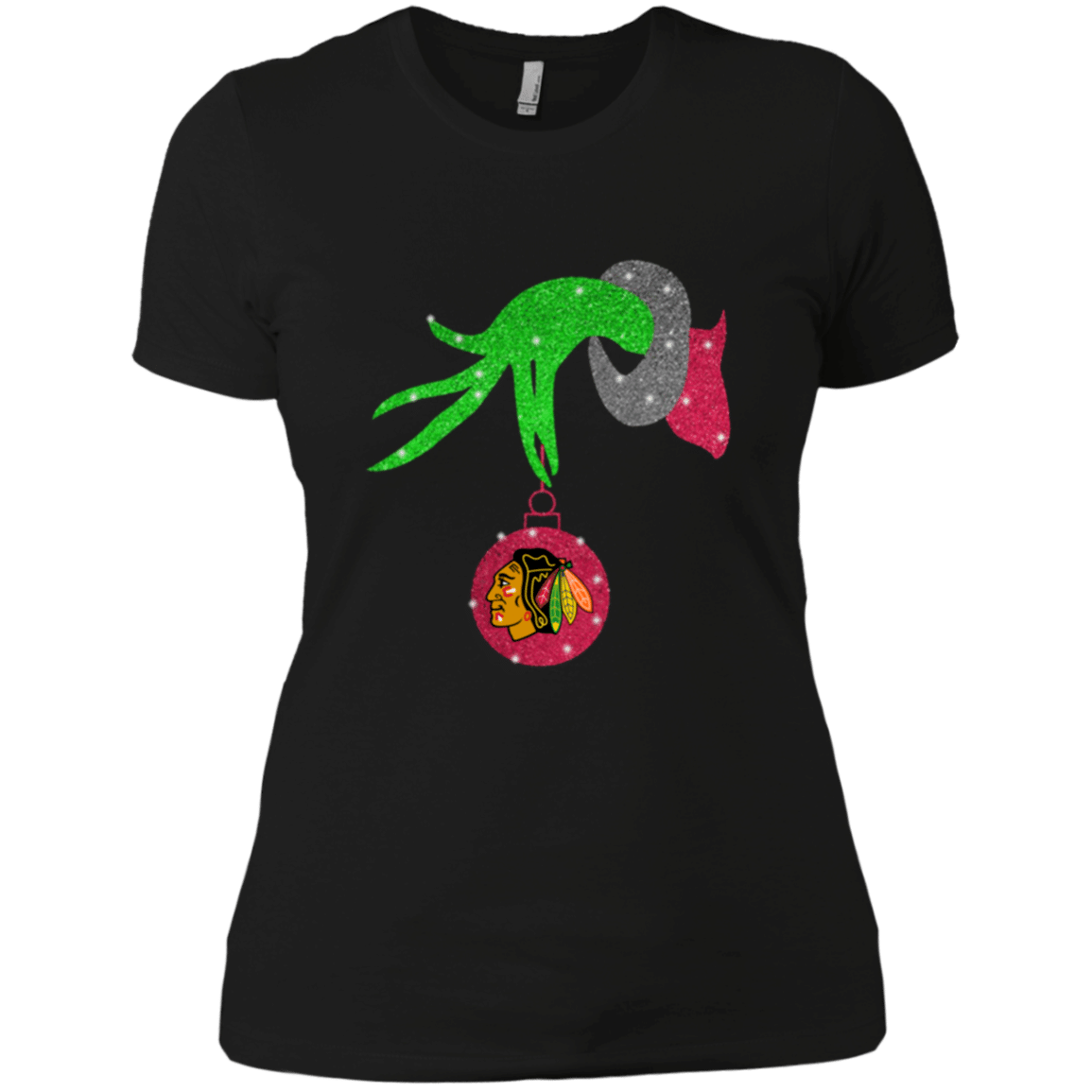 Check out this awesome Grinch hand holding Chicago Blackhawks Glitter Christmas shirt Ladies’ Boyfriend Shirt