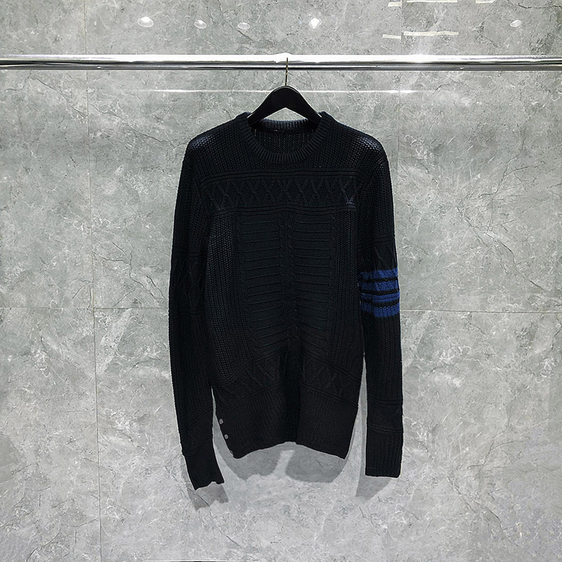 THOM New TB Sweaters Autumn Winter Fine Wool Sweatercoats Jersey Stitch 4-Bar Stripe Design Crew Neck Pullover TB Sweaters alx