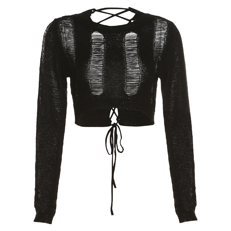 Women’s Black Hollow Round Neck Long Sleeve T-shirt High Waist Strap Cropped Navel Top Thin See-through Sweater Gothic Trendy alx