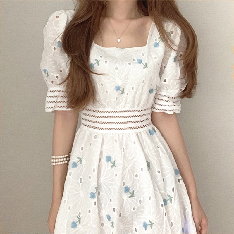 White Lace Party Dress Summer 2022 New Short Sleeve Floral Embroidery Midi Dress Printing Casual Chic Dresses Vestidos 14394 alx