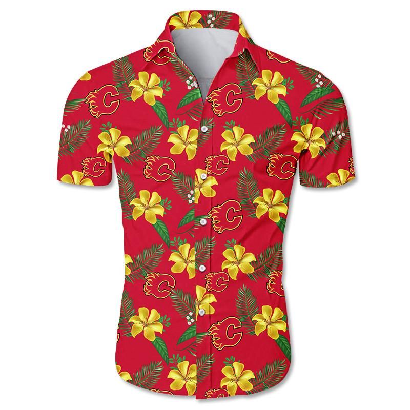 Calgary Flames Hawaiian Aloha Shirts Floral Button Up Slim Fit Body