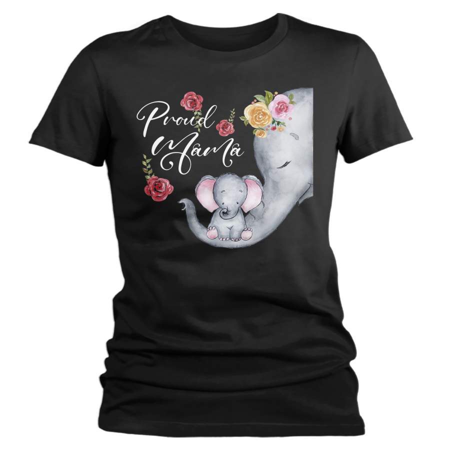 Women’s Proud Mama Elephant T Shirt Mom T Shirts Hipster Boho Elephant Child Shirts