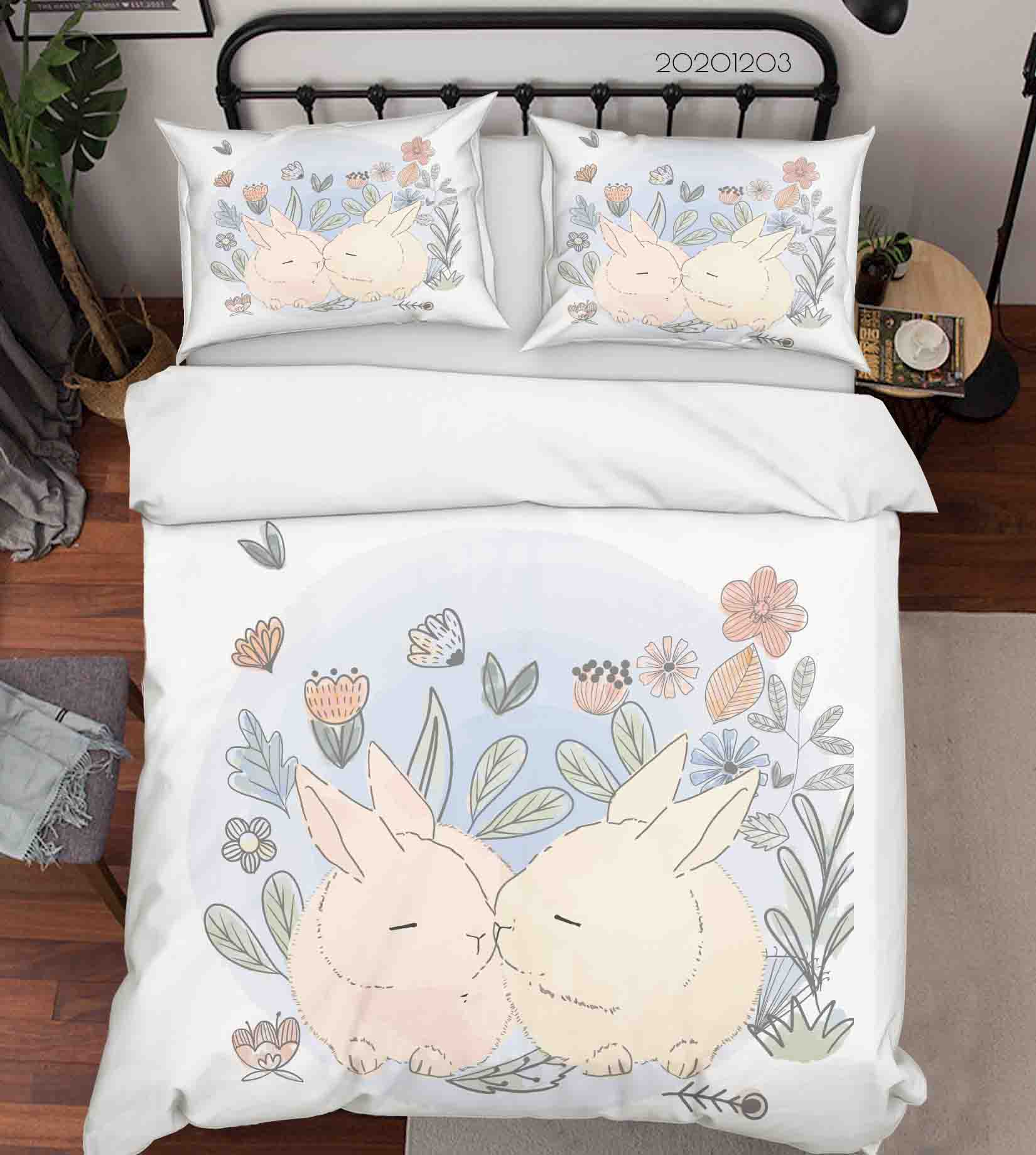 3D Cartoon Hand Drawn Floral Plant Bunny Couple Animal Quilt Cover Set Bedding Set Duvet Cover Pillowcases Lxl