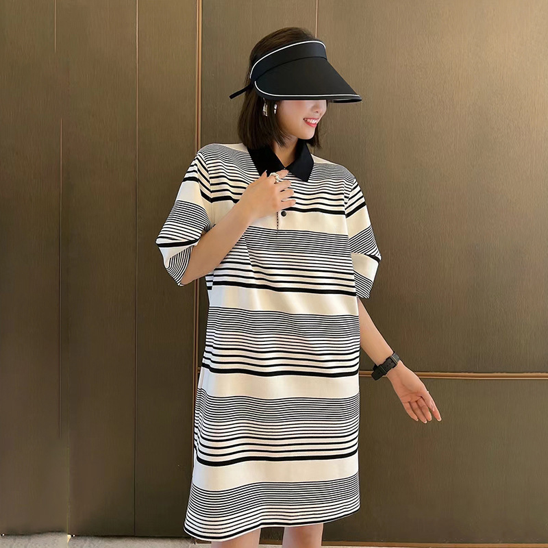 2022 Summer New Products Embroidered Black and White Striped Lapel T-shirt Dress Women Dress alx