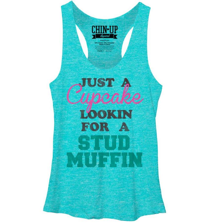 CHIN UP Women’s Cupcake Looking for a Stud Muffin  Racerback Tank Tahiti Blue