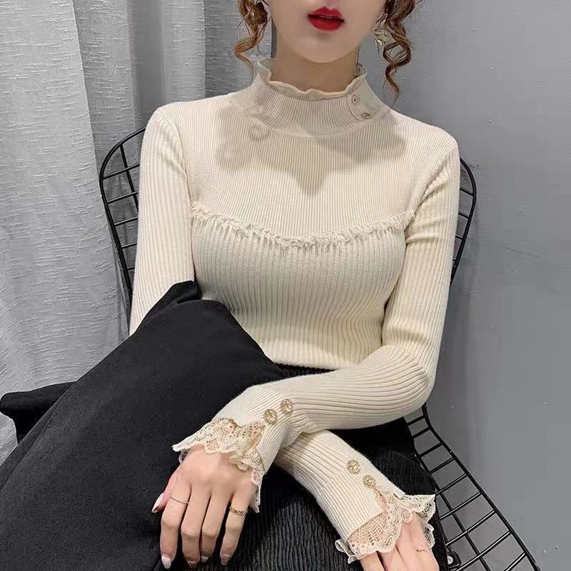 2022 Autumn New Sweet Bottoming Shirt Women Half Height Collar Slim Solid Color Lace Hollow Out Popularity All-match Sweater alx