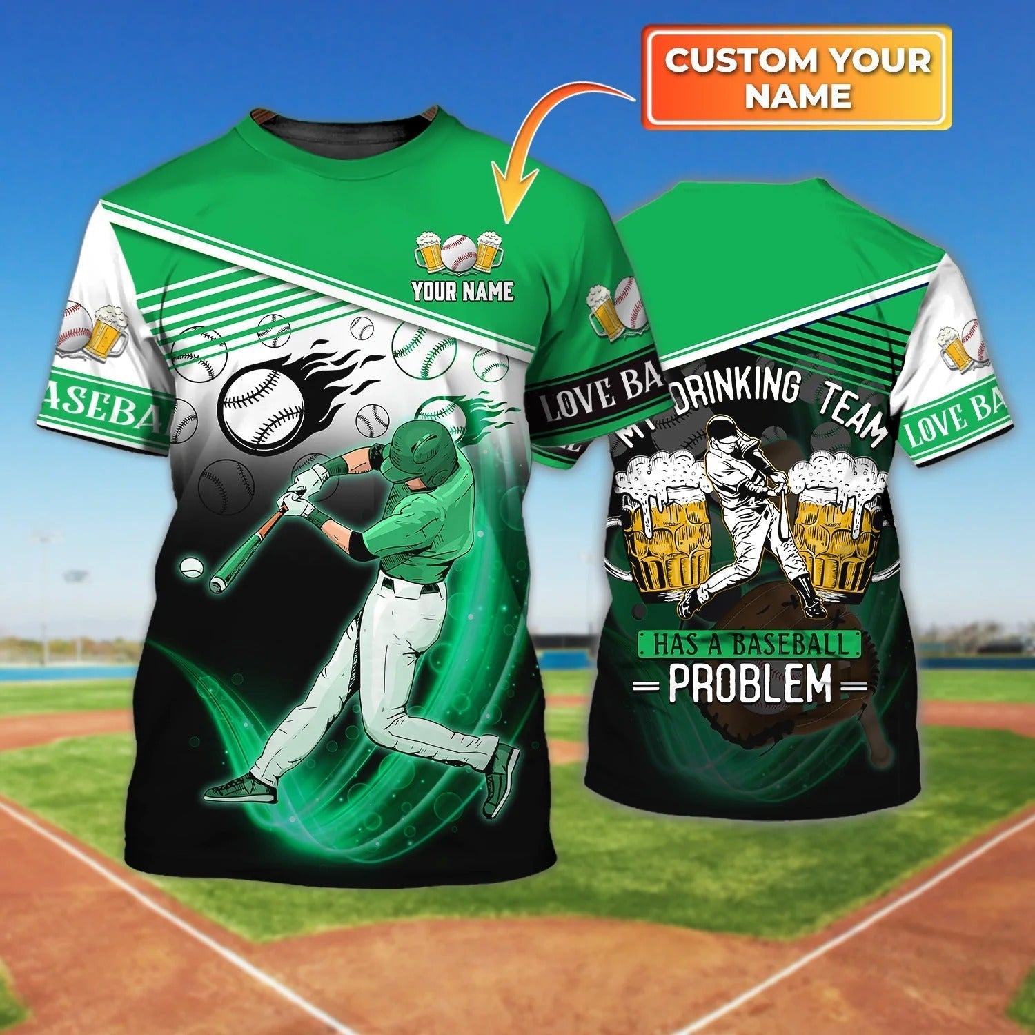 Custom Green T Shirt For Baseball Player, Baseball Lover Gift, Baseball And Beer T Shirt