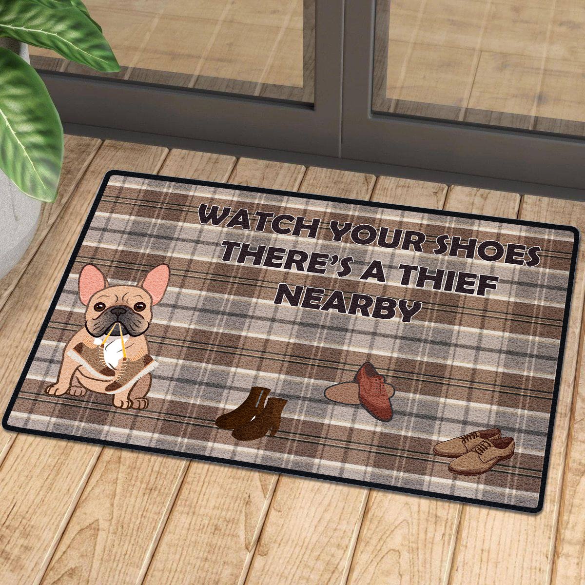 Watch Out Your Shoes Brown French Bulldog Doormat | Colorful | Size 8X27” 24X36”