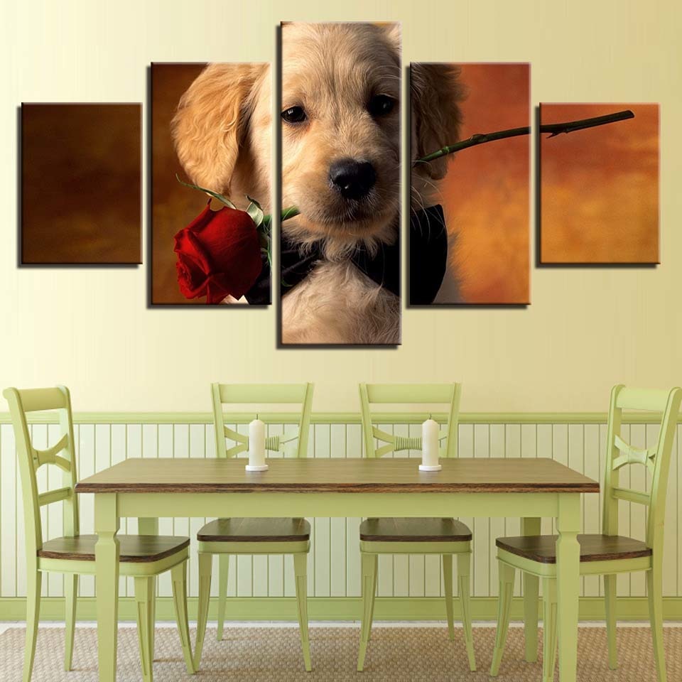 Cute Puppy With Rose 5 Piece Hd Multi Panel Canvas Wall Art Frame