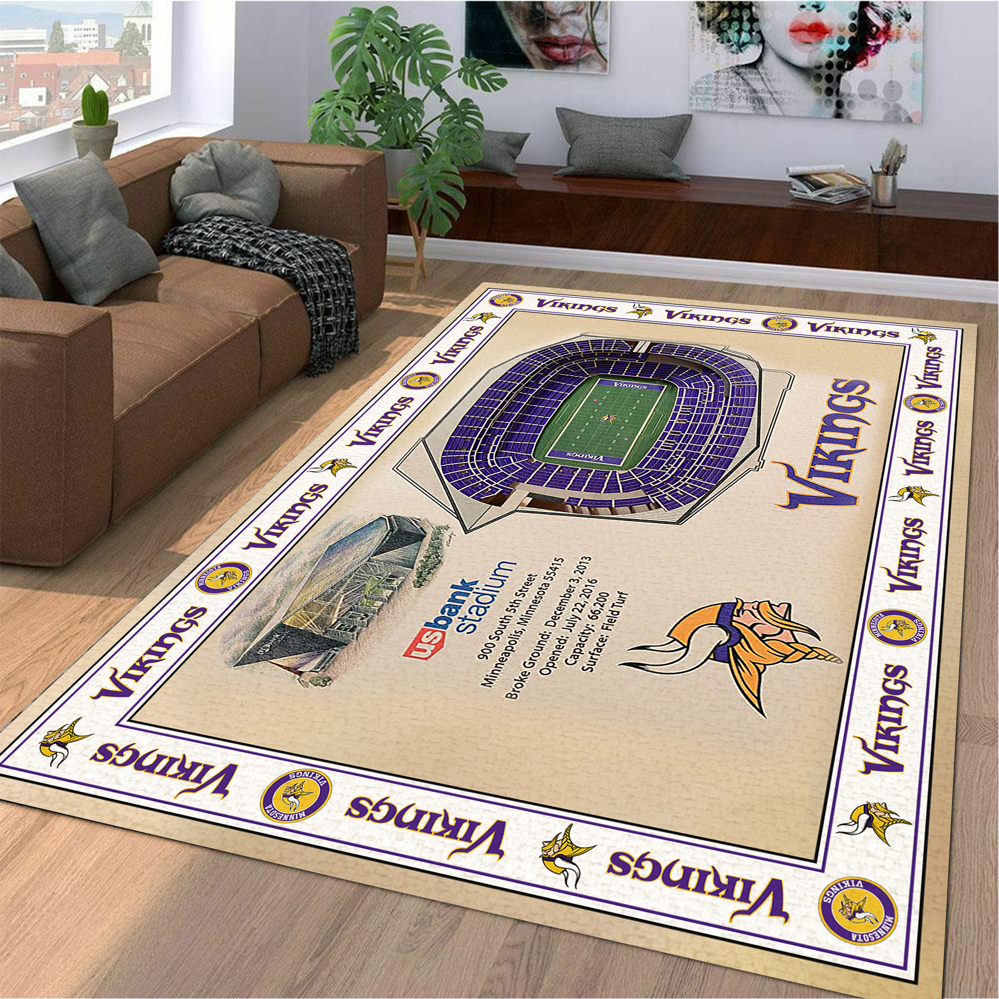 Fan Deco – Bordered Minnesota Vikings Stadium 3D View Area Rug