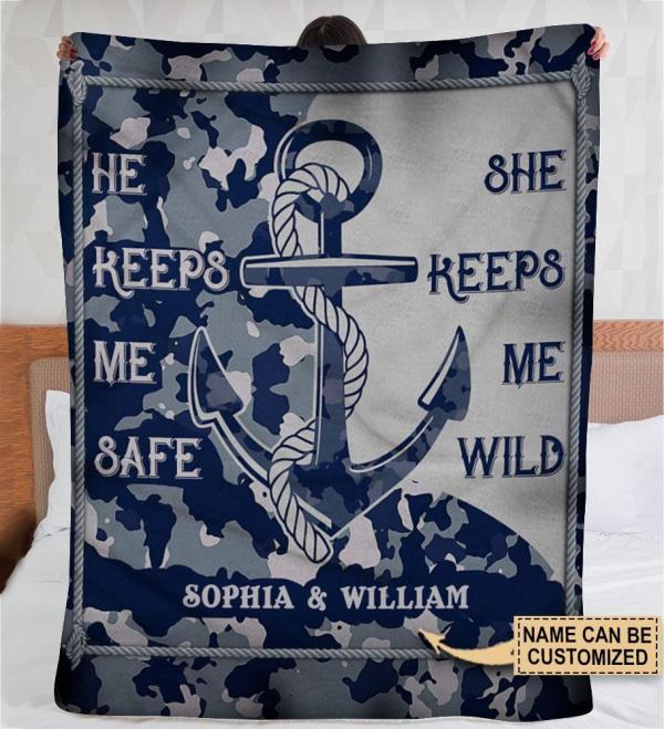 Personalized Navy Veteran Couple He Keeps Me Safe Blanket