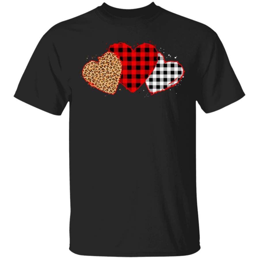 Three Hearts Leopard Buffalo Plaid Valentine’s Day T-shirt