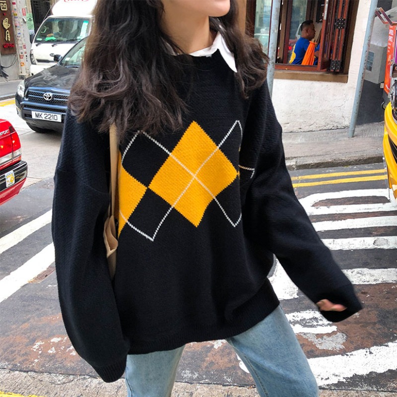 Autumn Women Knit Sweater Winter Fashion Vintage Warm Pullovers Ladies Loose Sweater Korean College Style Jumper Plaid Sweater alx