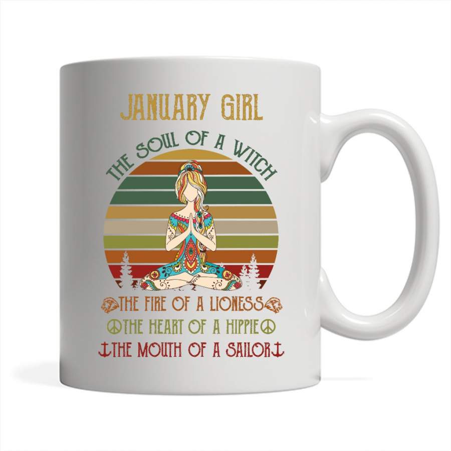 January Girl The Soul Of A Witch The Fire Of A Lioness The Heart Of A Hippie The Mouth Of A Sailor, Classic Vintage Retro – Full-Wrap Coffee White Mug