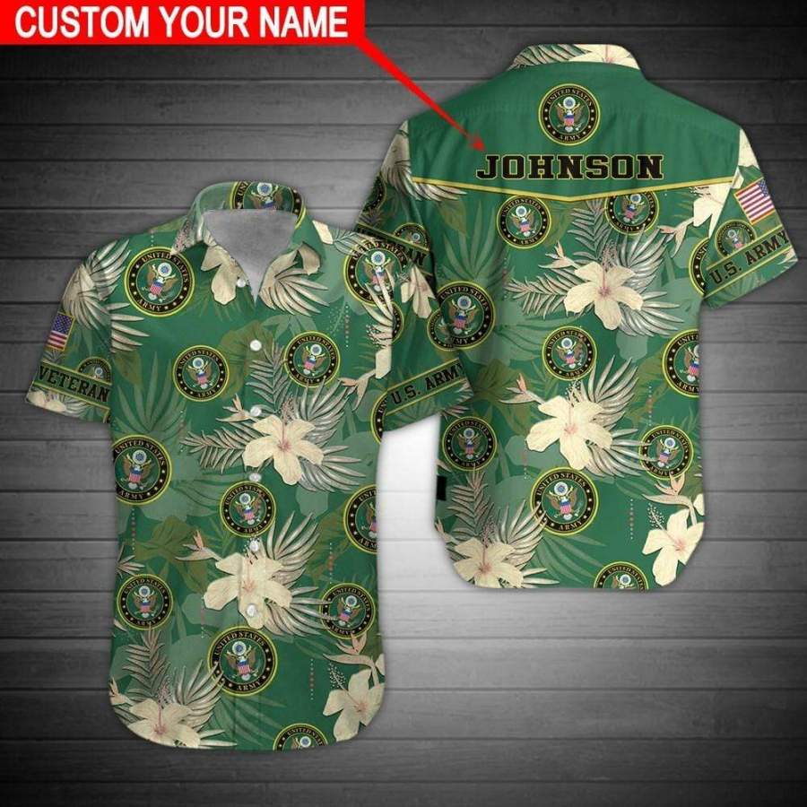 Custom Name Us Army Green Hibiscus Hawaii Aloha Shirts Ha8885