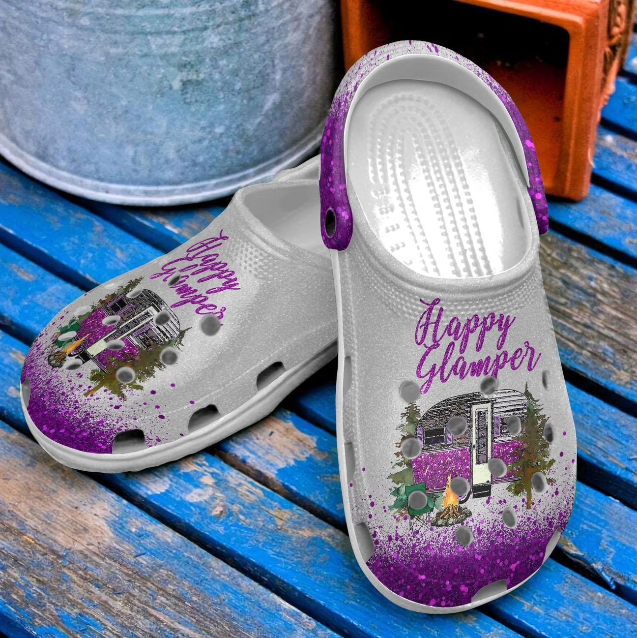 Camping Personalized Clog, Custom Name, Text, Color, Number Fashion Style For Women, Men, Kid, Print 3D Happy Camper Purple