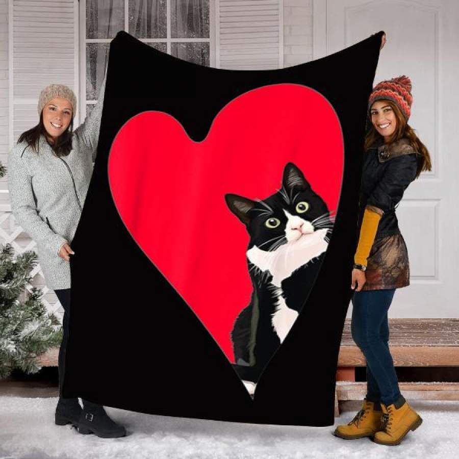 Custom Blanket Tuxedo Cat Valentine Heart For Kitten And Animal Lovers Blanket – Perfect Gift For Valentine – Fleece Blanket – Personalized Blankets