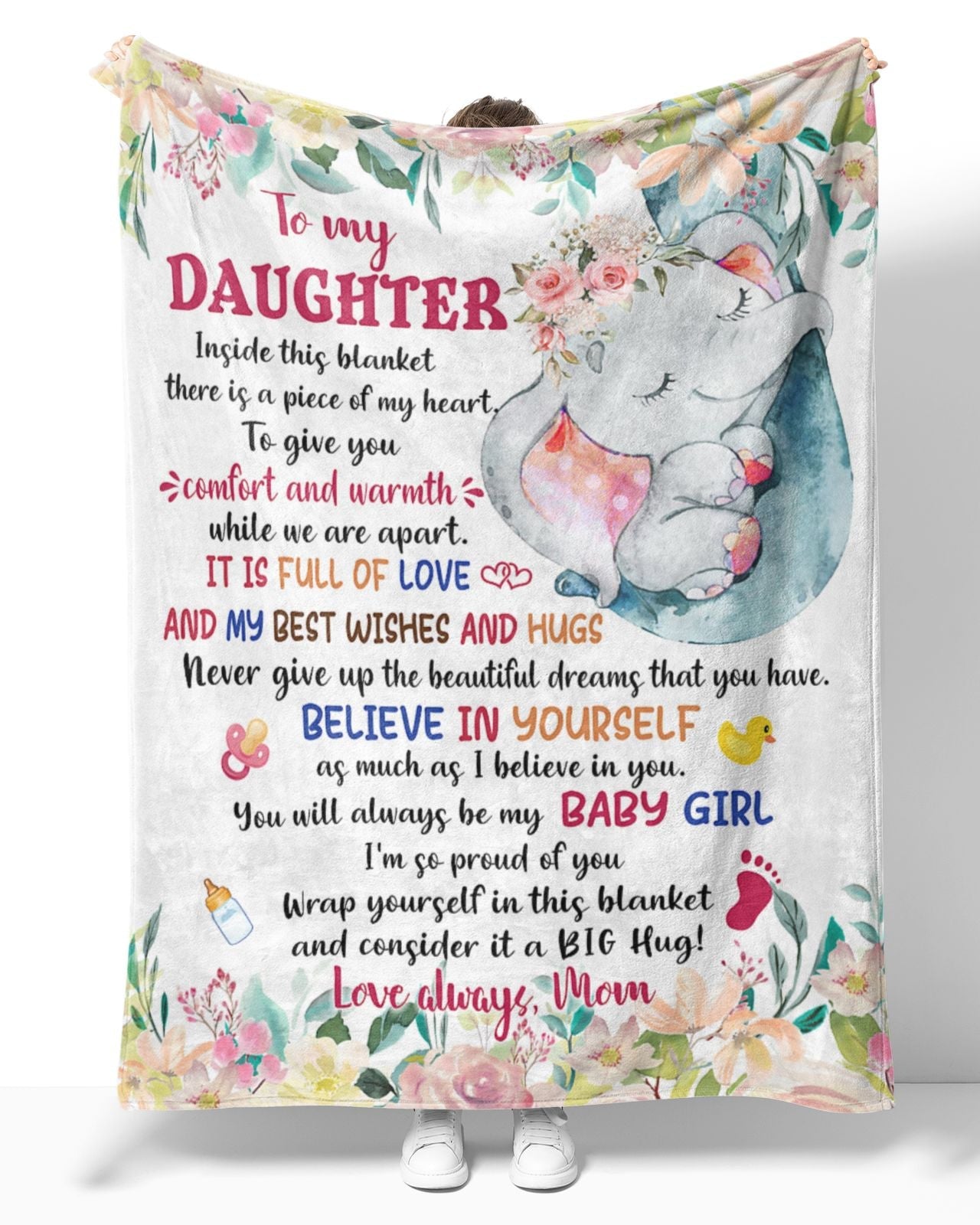 Personalized To My Daughter Elephant Flower Hug Blanket From Mom, To My Daughter Inside This Blanket There Is A Piece Elephant Blanket For Daughter