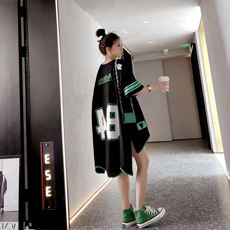 Basketball T Shirt Summer Irregular Half Sleeve Oversized Shirts Dress Women Loose Medium Length Large Size Dresses Sports Style alx