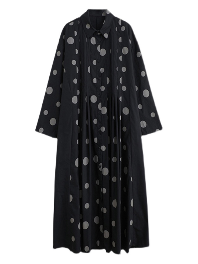 2022 Spring Autumn Black Vintage Polka Dot Print Shirt Dresses For Women Long Sleeve Loose Casual Dress Fashion Elegant Clothing alx