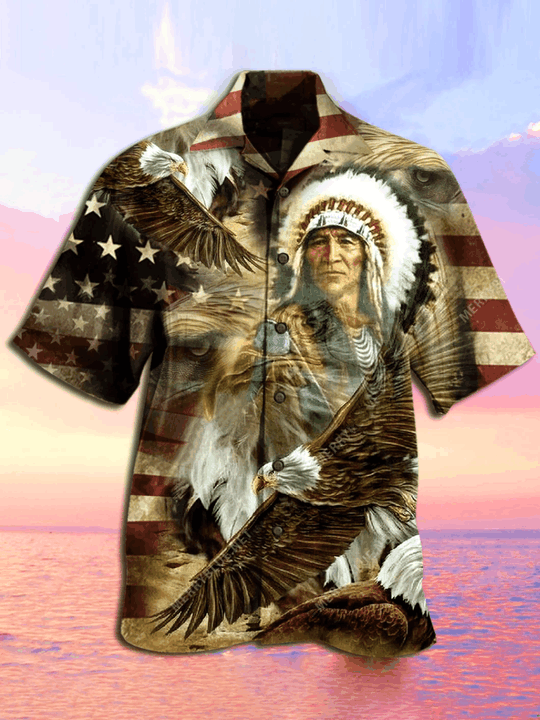 Native American Patriotism Brown Aloha Hawaiian Shirts