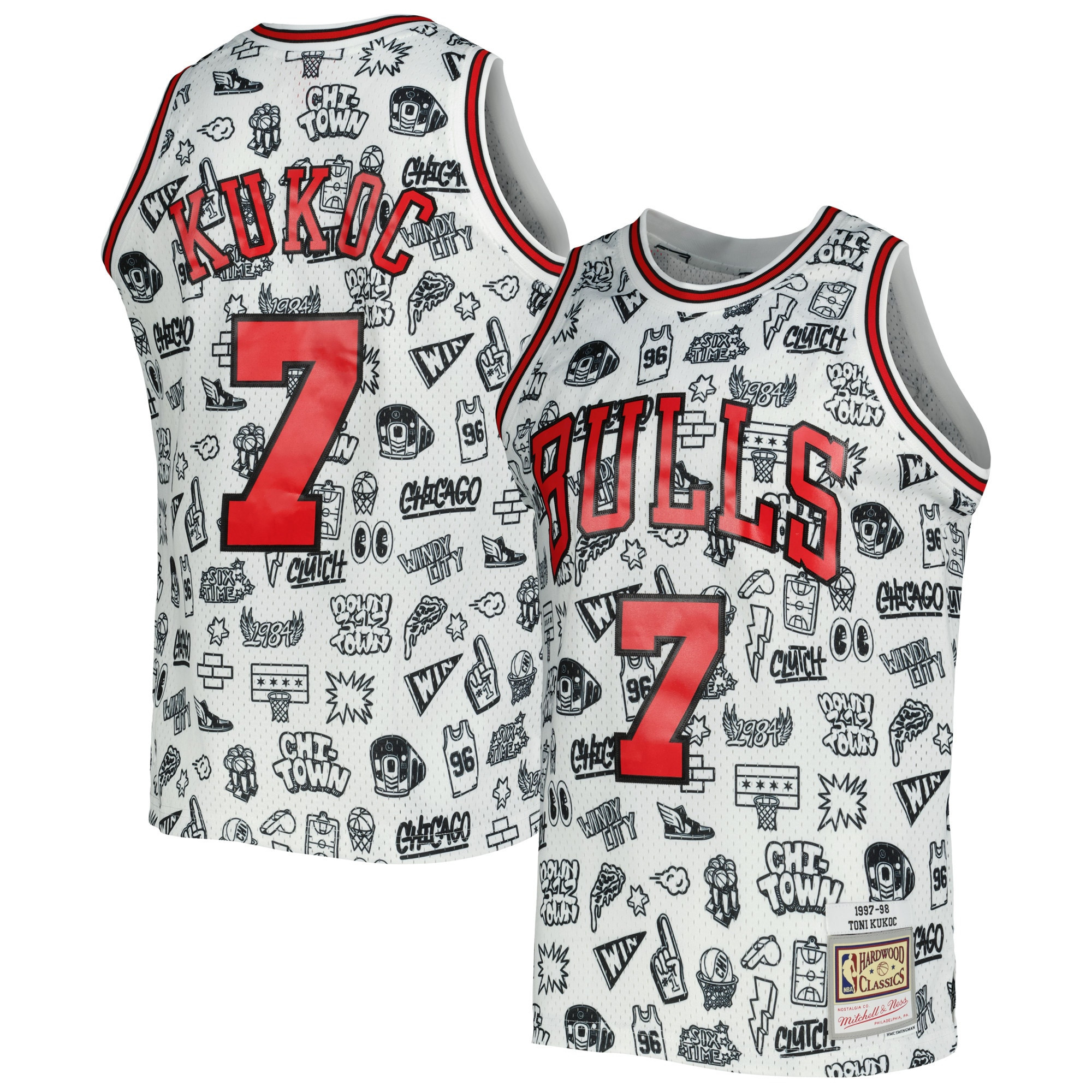 Toni Kukoc Chicago Bulls Mitchell & Ness 1997-98 Hardwood Classics Doodle Swingman Jersey – White NBA