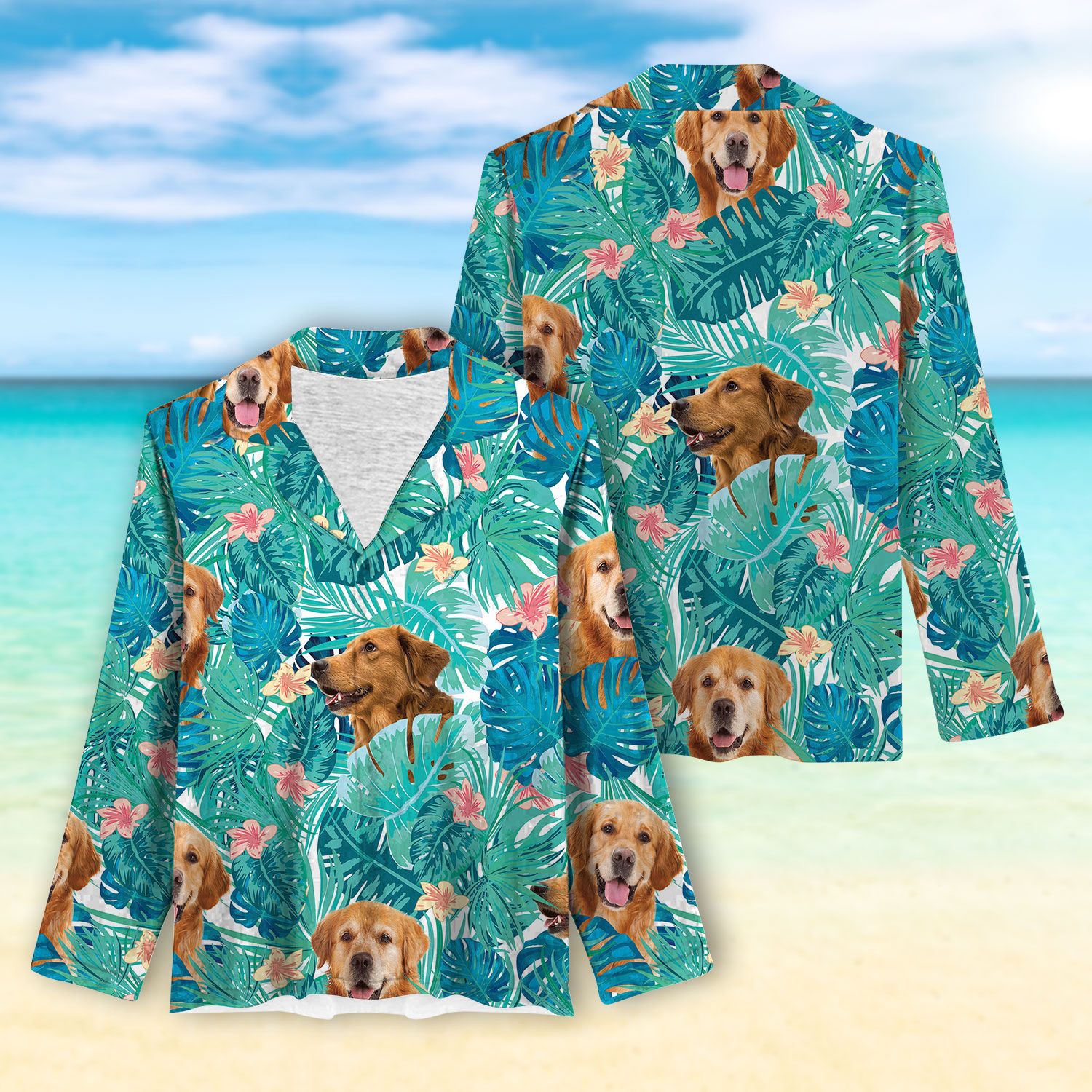 Women’s Long Sleeve Pajama – Tropical Golden Retriever D190213