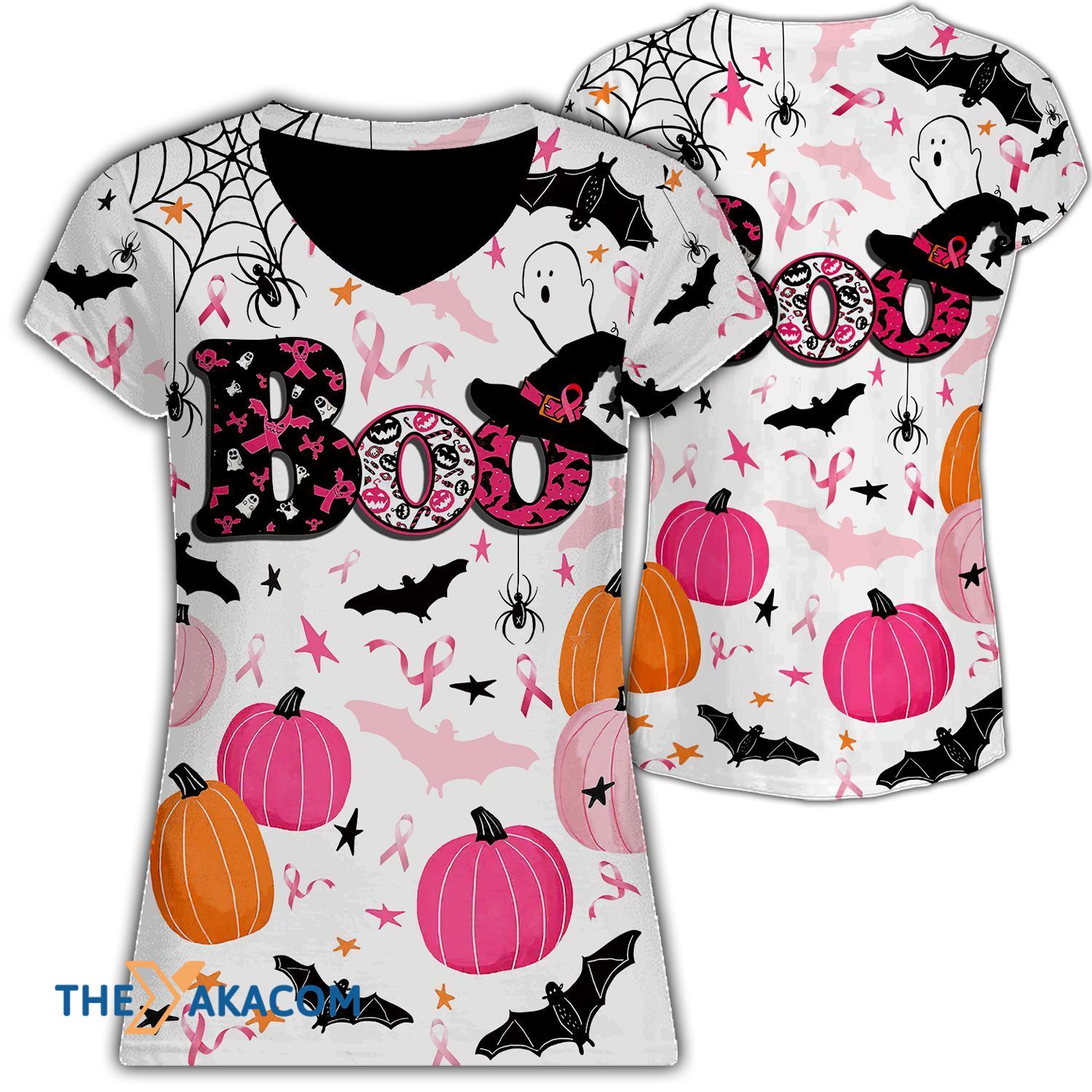 Halloween With Boo Bat Ribbon Pink Breast Cancer Awareness All Over Print Woman V Neck Shirt