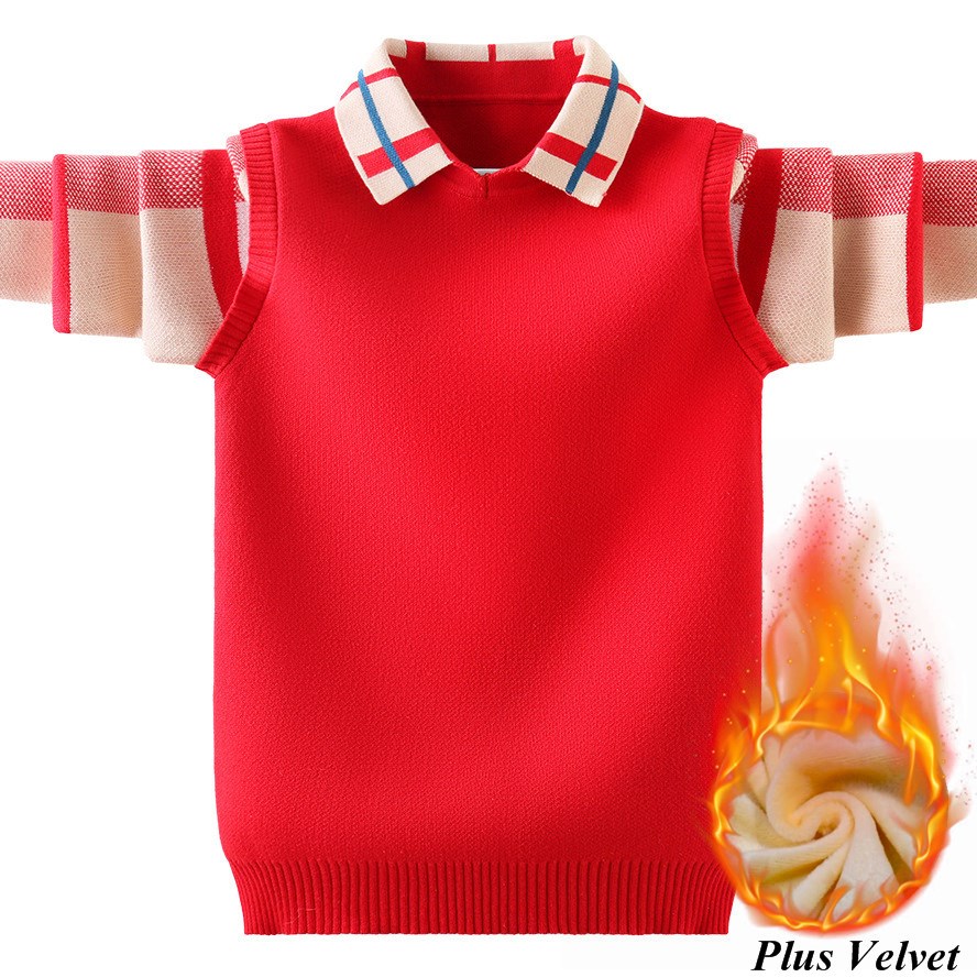 Boys Sweater 4-15 T Classic Lattice Design Kids Warm Pullover Jacket Inner Fleece For Children Polo Collat Knitted Coat FM055 alx