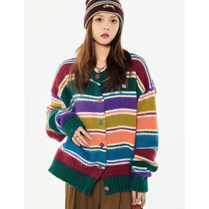 Women Rainbow Stripe Cardigan Sweater Outerwear Fashion Vintage Leisure Lazy Wind Winter Thicken Warm Long Sleeve Knitting Coat alx