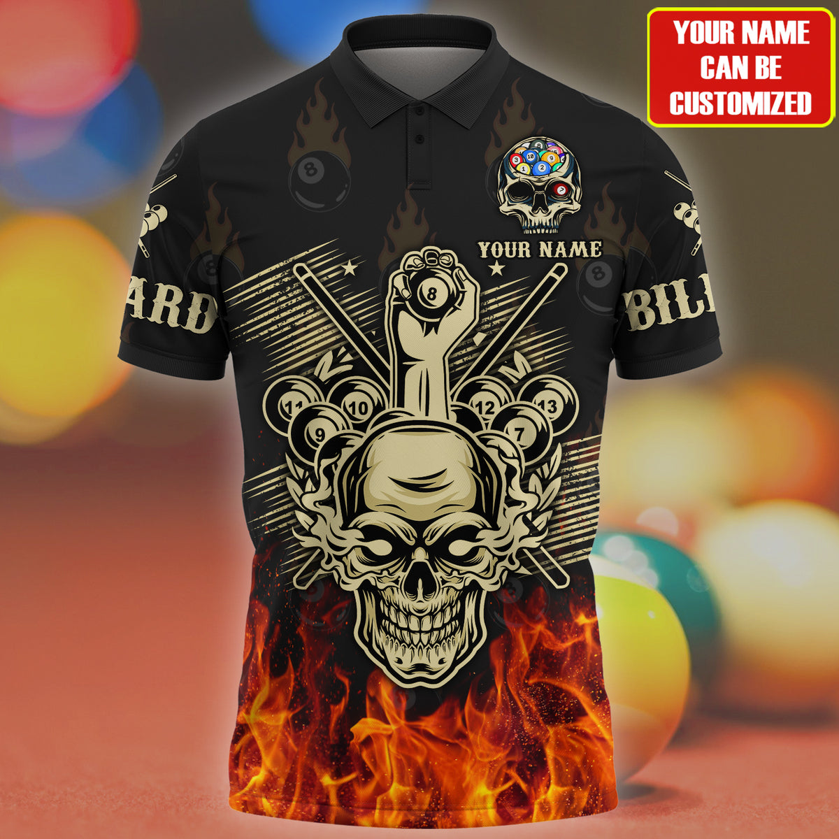 3D All Over Print Skull Billiard Polo Shirt, Skull Fire Ball Shirt, Uniform Billiard Team