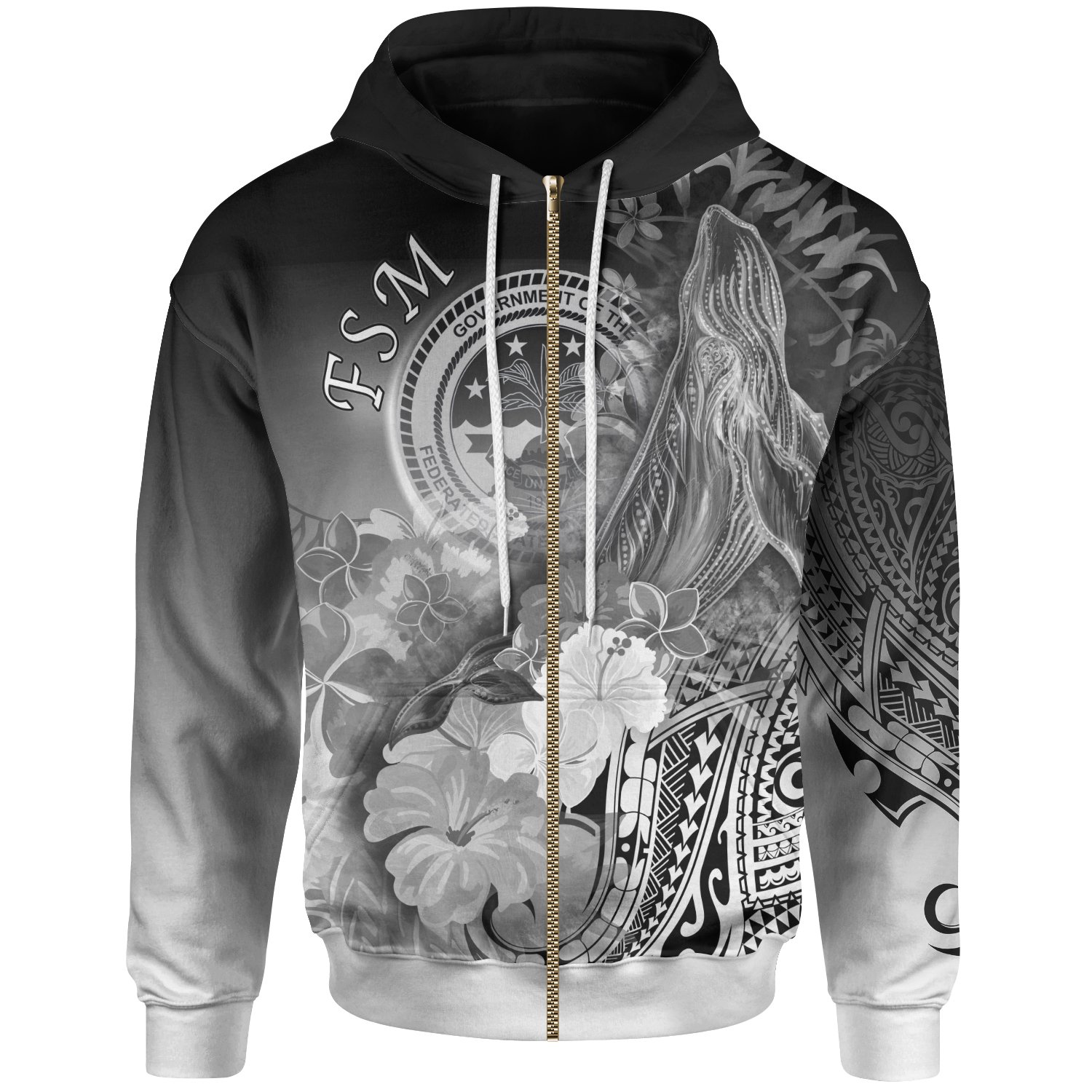 Fsm Zip-Up Hoodie – Humpback Whale with Tropical Flowers (White) – BN18