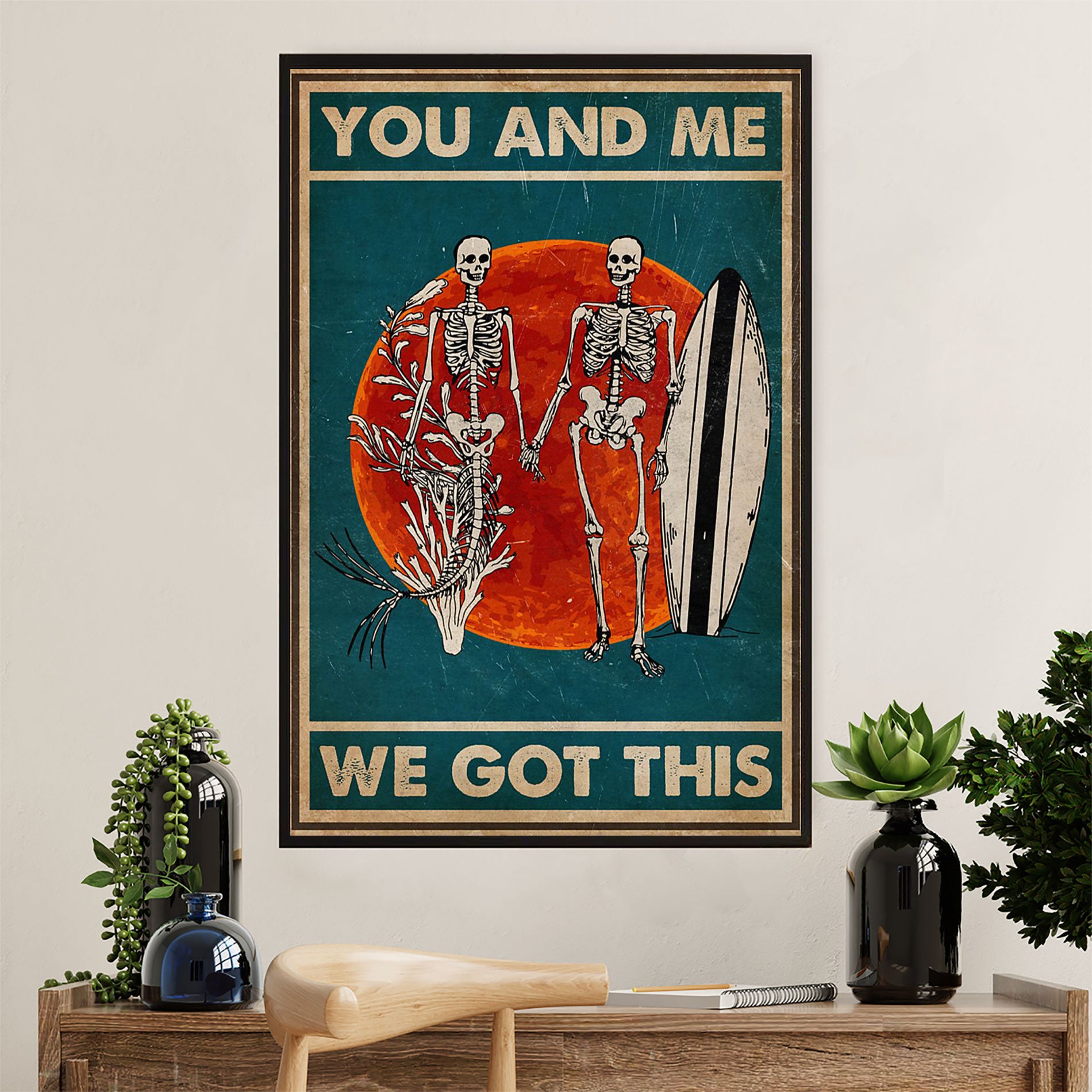 Summer Beach Ocean Poster | Couple Skeleton Mermaid & Swimmer | Wall Art Gift For Sand Sea Ocean Lover