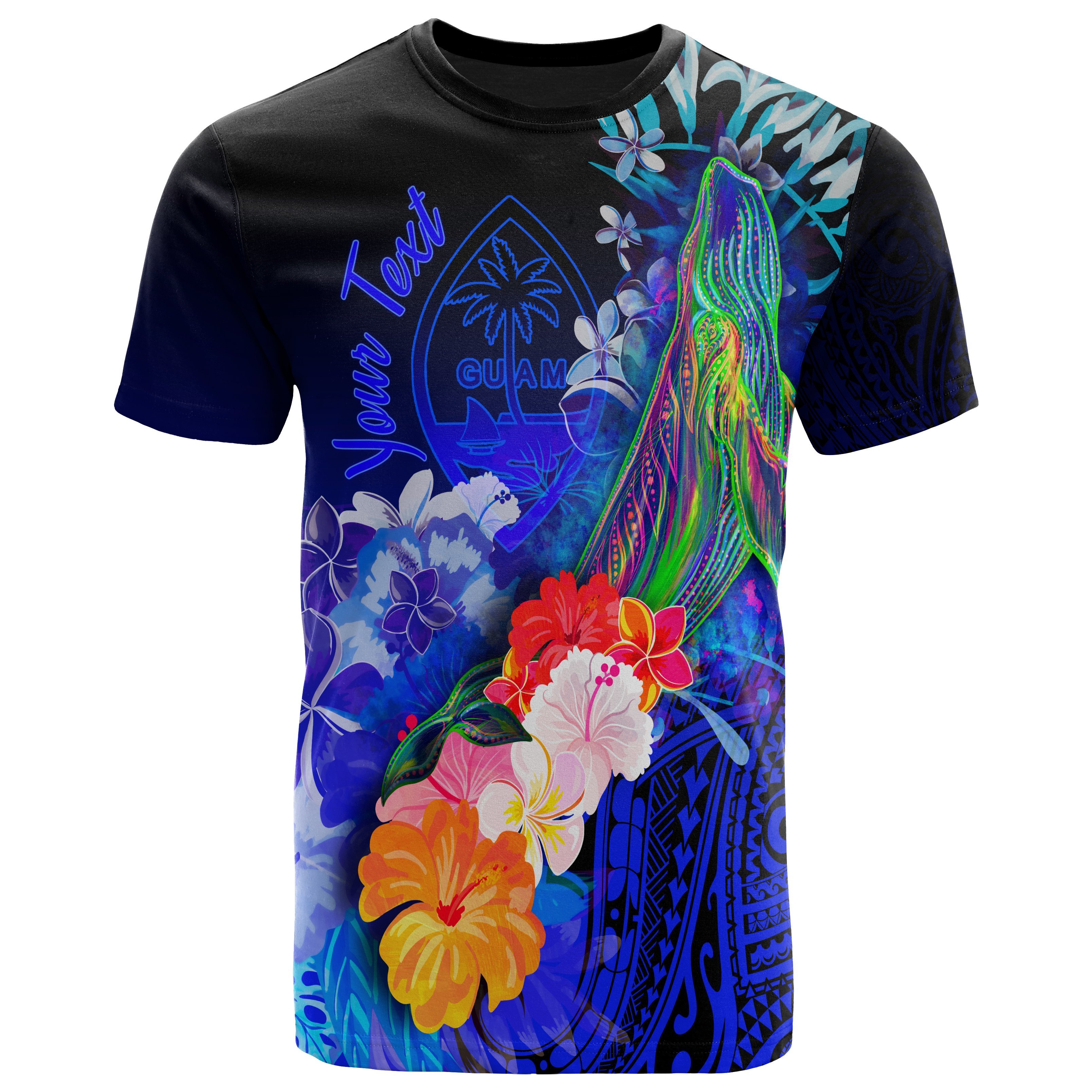 Guam Custom Personalised T-Shirt – Humpback Whale with Tropical Flowers (Blue)- BN18