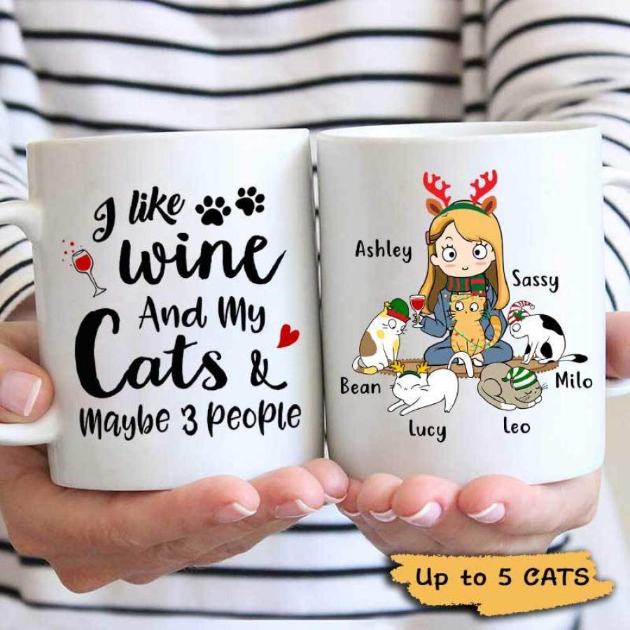 I Like Wine And My Cats Cartoon Girl Personalized Mug