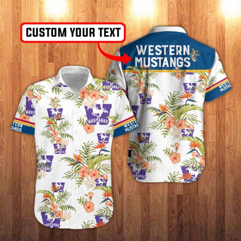 Western Mustangs Floral Hawaiian Shirt in White And Hawaiian Hibiscus Flower Personalization 3D Full Print Button Shirt