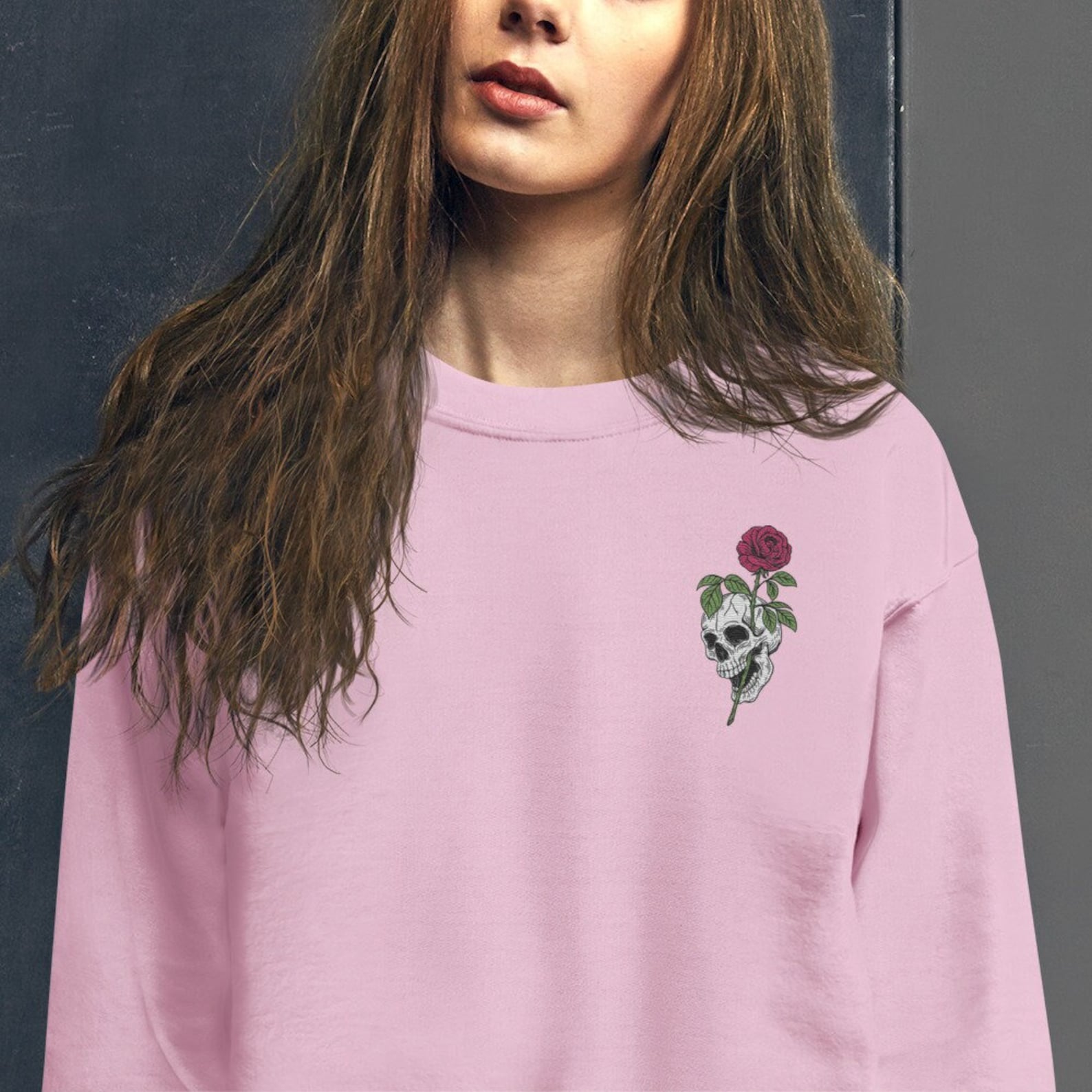 Skull With Roses Embroidered Sweatshirt 2D Crewneck Sweatshirt All Over Print Sweatshirt For Women Sweatshirt For Men Sws2874