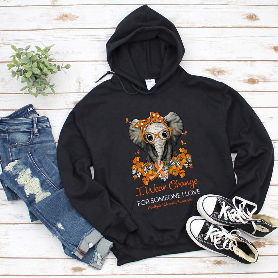 Mutiple sclerosis awearness cute elephant I wear orange for someone I love flower black hoodie for men and women S-5XL