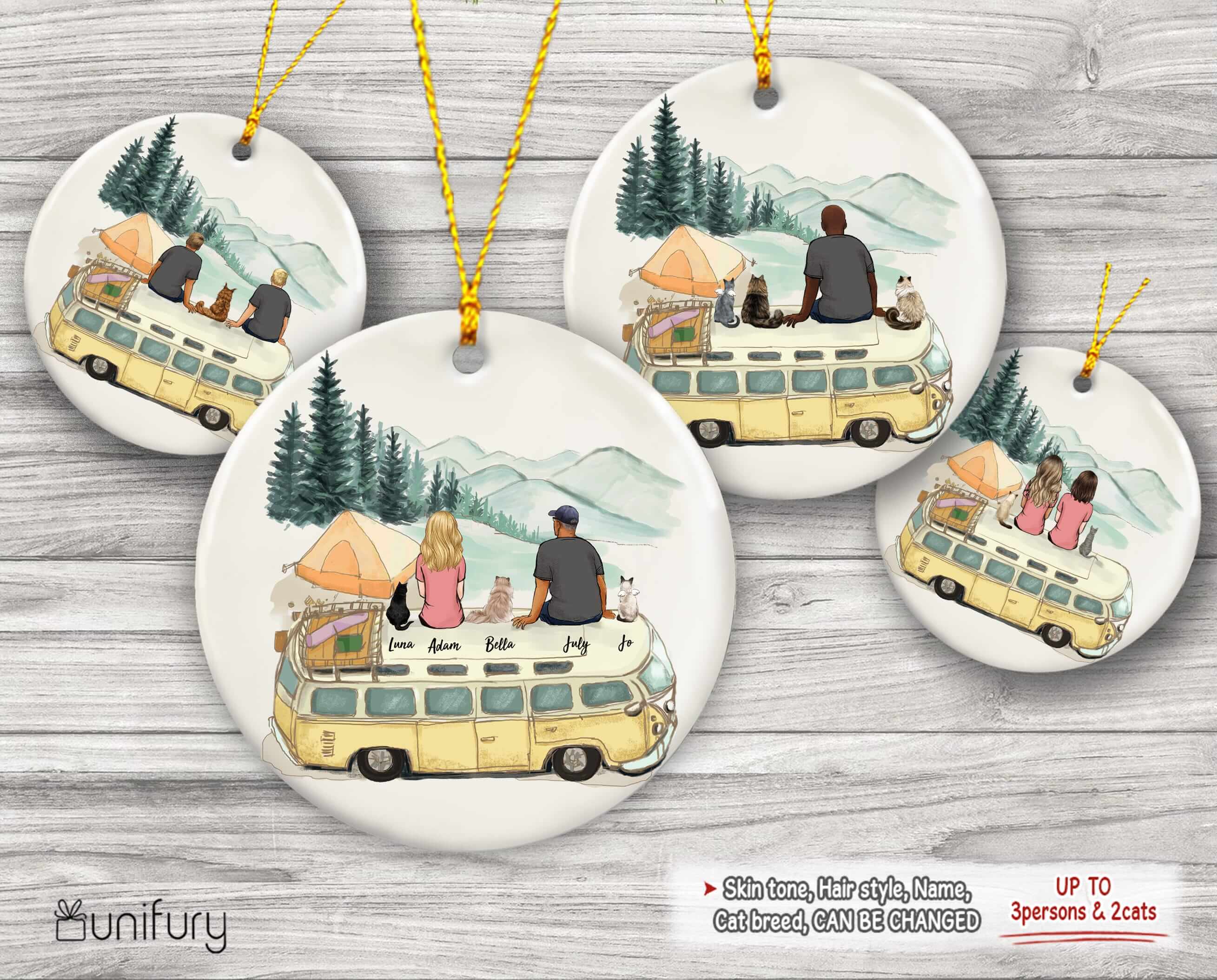Personalized Cat Christmas Ceramic Ornament Gift For Cat Lovers (Printed On Both Sides) – Cat & Couple – Camping – 2408