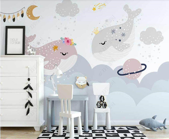 3D Northern Europe Hand-Painted Clouds Dolphin Planet Floral Wall Mural Wallpaper Sww2629