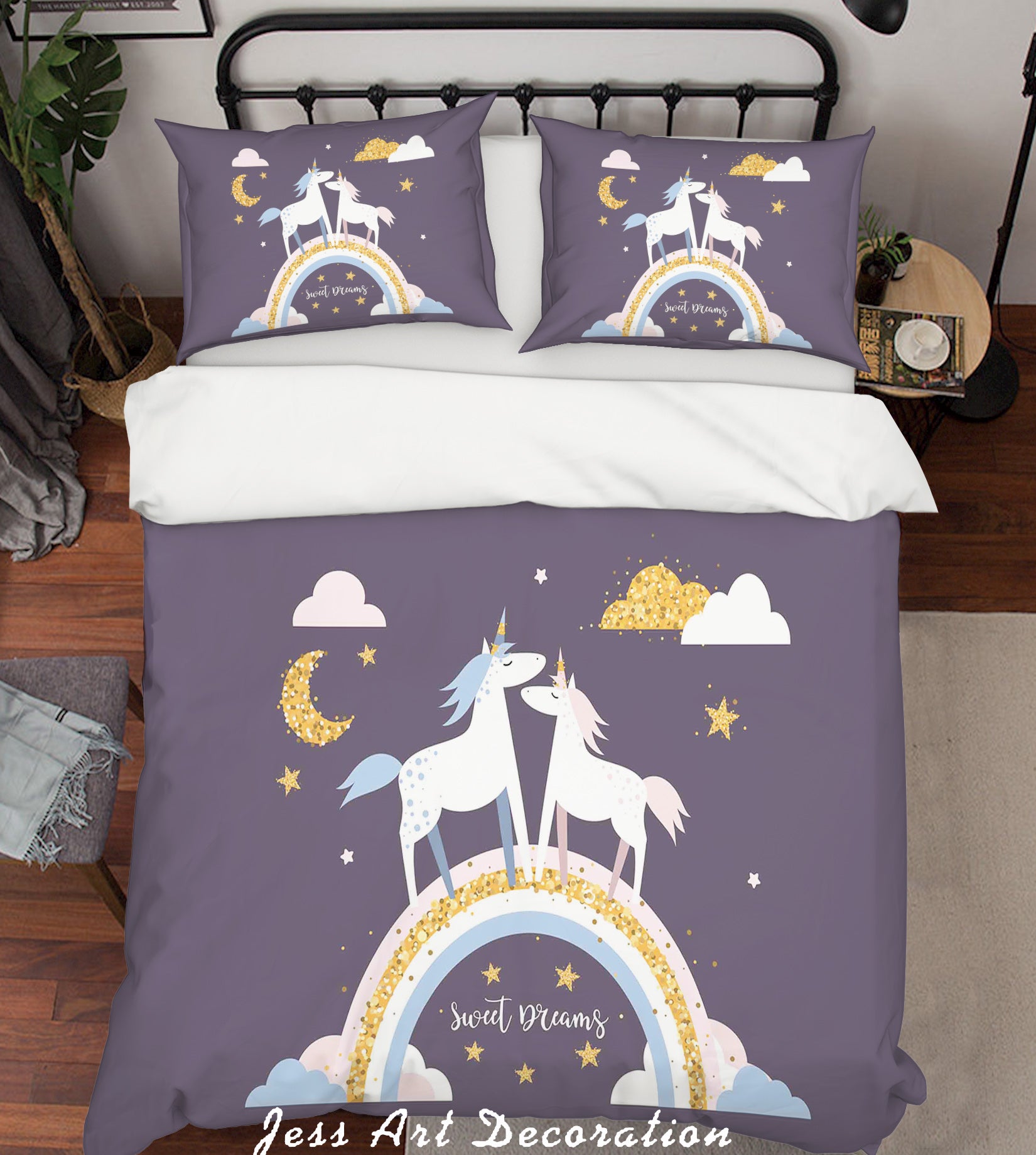 3D Black Unicorn Moon Star Rainbow Quilt Cover Set Bedding Set Pillowcases 11