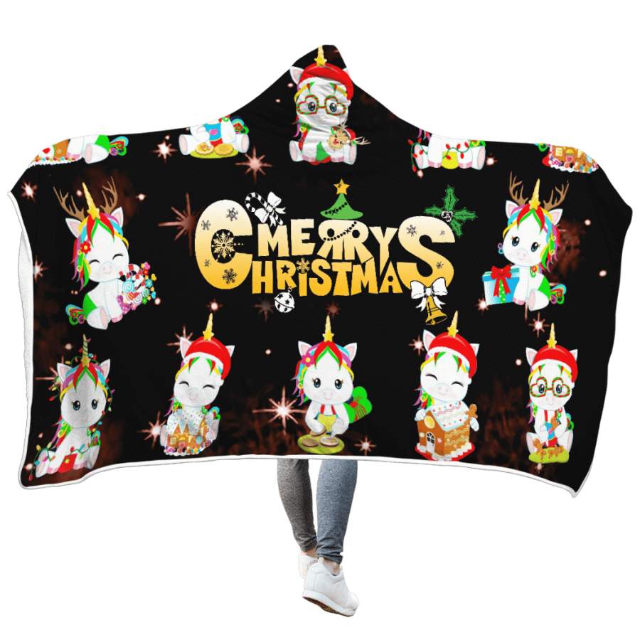 Unicorns merry christmas Custom Hooded Blanket